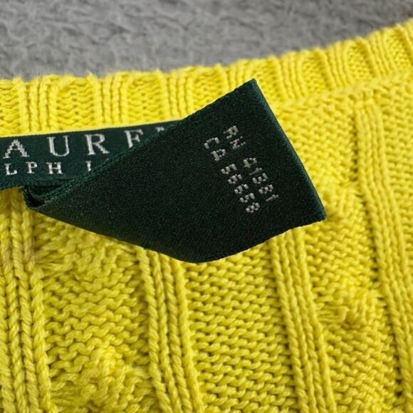 Lauren Ralph Lauren Cable Knit V-Neck Cotton Sweater Yellow Size Small Preppy - Picture 10 of 10